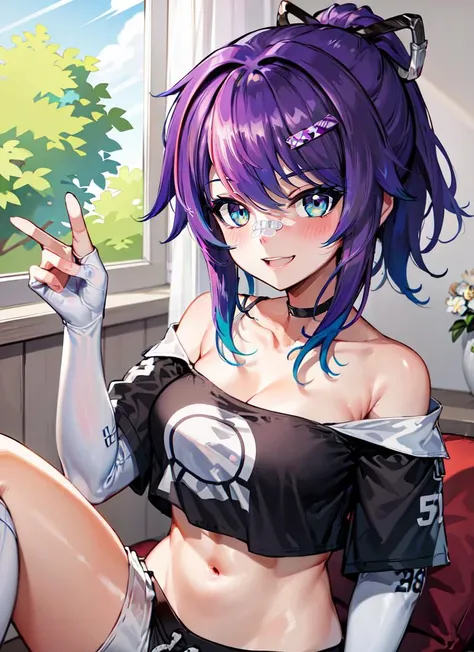 ((best quality)), ((highly detailed)), masterpiece, absurdres, (detailed eyes, deep eyes), (1girl), on knees, <lora:ProjektMelodyOriginal_V1-Manityro:1>, ProjektMelodyOriginal, bandaid on nose, short hair, ponytail, hair ribbon, hairclip, medium breasts, smiling, strapless, black shirt, print shirt, off-shoulder shirt, crop top, short sleeves, elbow gloves, white gloves, micro shorts, white shorts, (inside, in a living room)
