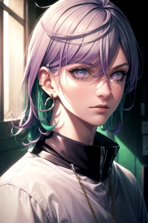 photorealistic, (4k), depth of field, (Masterpiece), (realistic skin texture), extremely detailed, intricate, hyper detailed, high resolution, professional photography, bokeh, depth of field, sharp detail, best quality, , 1boy, solo, male focus, <lora:kanata_yatonokami:0.8>, kanata_yatonokami, purple hair, purple eyes, multicolored eyes, short hair, hair between eyes, streaked hair, , earrings, zombie costume, , High resolution
