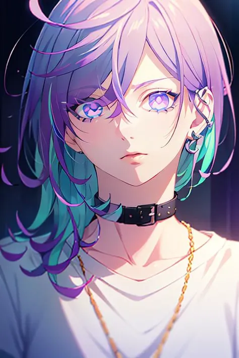 (best quality:1.1), (masterpiece:1.4), game cg, , , depth of field, anime coloring, (semi-realistic:1.4), 1boy, solo, male focus, <lora:kanata_yatonokami:0.9>, kanata_yatonokami, purple hair, purple eyes, multicolored eyes, short hair, hair between eyes, streaked hair, jewelry, , , biopunk, 12k resolution