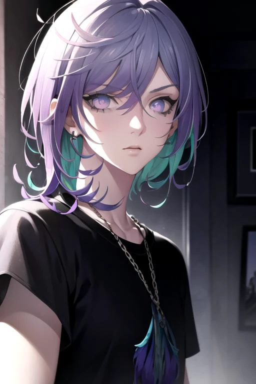 photorealistic, (4k), depth of field, (Masterpiece), (realistic skin texture), extremely detailed, intricate, hyper detailed, high resolution, professional photography, , depth of field, sharp detail, best quality, looking at viewer, 1boy, solo, male focus, <lora:kanata_yatonokami:0.86>, kanata_yatonokami, purple hair, purple eyes, multicolored eyes, short hair, hair between eyes, streaked hair, , , , The Tower of Oblivion: A stronghold where forgotten secrets and dark magic are hidden,