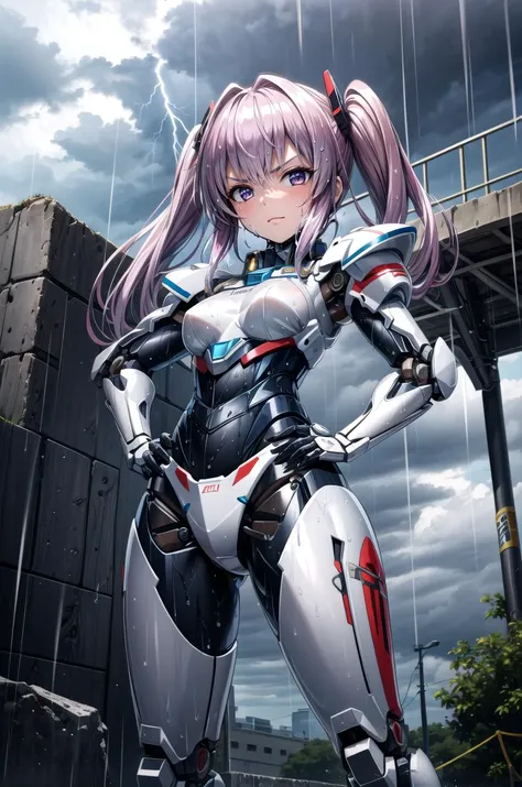 (masterpiece, best quality, detailed), 1girl, solo, aanana, long hair, twintails, looking at viewer,
<lora:mecha_offset:1>, mecha musume,mechanical parts, robot joints,single mechanical arm, headgear, mecha corset, full armor, outdoors, lightning, rain, cloudy sky, wet, storm, wind, hands on hips, serious