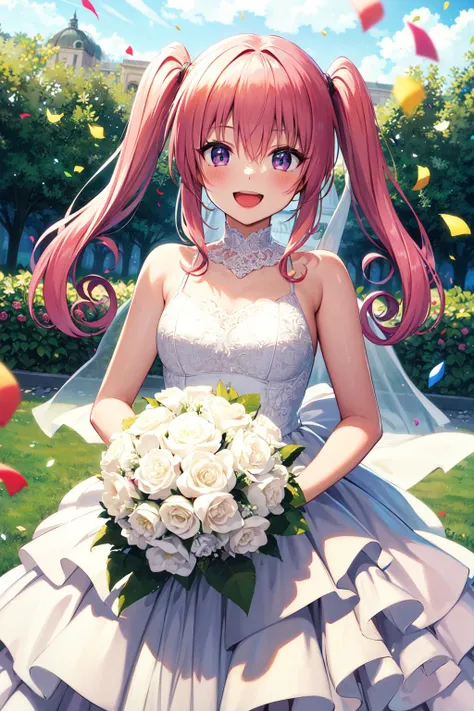 masterpiece, best quality, highres, aanana, long hair, twintails, <lora:nana_asta_deviluke_v1:0.7>, wedding dress, white dress, garden, holding bouquet, smile, open mouth, confetti,
