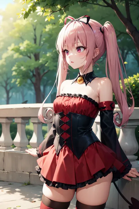 masterpiece, best quality, highres, aanana, long hair, twintails, hair ribbon, demon tail, detached collar, bare shoulders, red dress, multicolored clothes, detached sleeves, striped thighhighs, <lora:nana_asta_deviluke_v1:0.7>, standing, cowboy shot, outdoors,