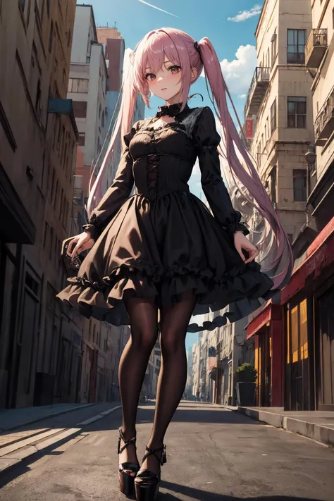 masterpiece, best quality, highres, aanana, long hair, twintails, <lora:nana_asta_deviluke_v1:0.7>, 
looking at viewer, outdoors, street, building, red eyes,parted lips, Gothic ouftit, platform gothic high heel