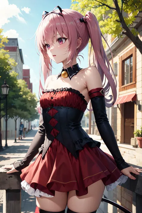 masterpiece, best quality, highres, aanana, long hair, twintails, hair ribbon, demon tail, detached collar, bare shoulders, red dress, multicolored clothes, detached sleeves, striped thighhighs, <lora:nana_asta_deviluke_v1:0.7>, standing, cowboy shot, outdoors,
