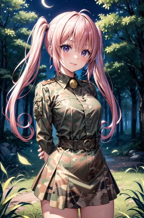 (masterpiece, best quality, detailed), 1girl, solo, looking at viewer,
<lora:nana_asta_deviluke_v1:0.7>, aanana, long hair, twintails, <lora:camouflage_uniform04:0.5>, wearing camouflage_uniform, outdoors, forest, nature, grass, tree, flower, leaf, night, dark, arms behind back, light smile