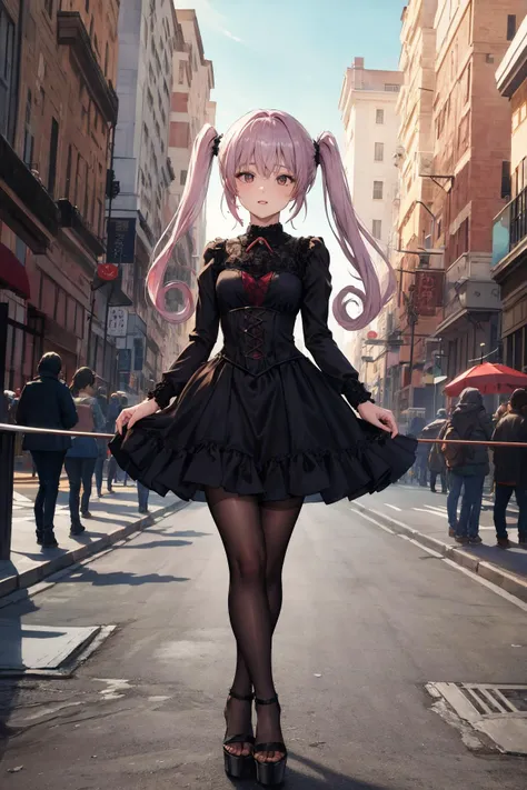 masterpiece, best quality, highres, aanana, long hair, twintails, <lora:nana_asta_deviluke_v1:0.7>, 
looking at viewer, outdoors, street, building, red eyes,parted lips, Gothic ouftit, platform gothic high heel
