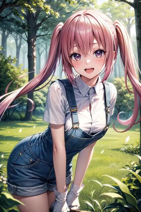 (masterpiece, best quality, detailed), 1girl, solo, aanana, long hair, twintails, looking at viewer, 
overalls, short sleeves, white gloves, white shirt, outdoors, forest, nature, grass, tree, flower, leaf, night, dark, leaning forward, hanging breasts, smile, open mouth
