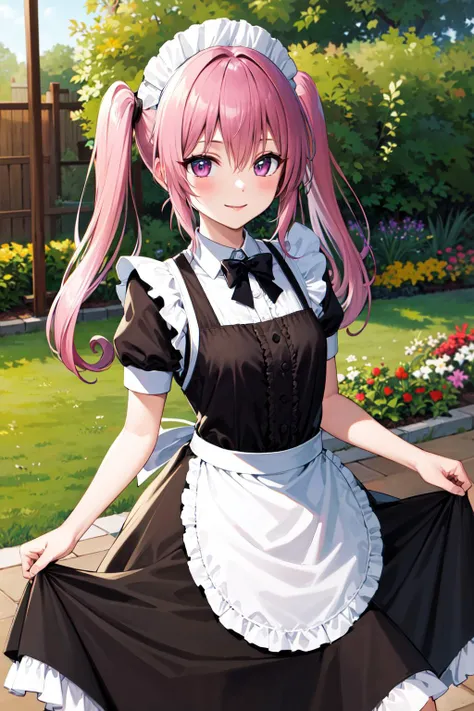 masterpiece, best quality, highres, aanana, long hair, twintails, <lora:nana_asta_deviluke_v1:0.7>, maid, maid headdress, black dress, apron, garden, smile, skirt hold,
