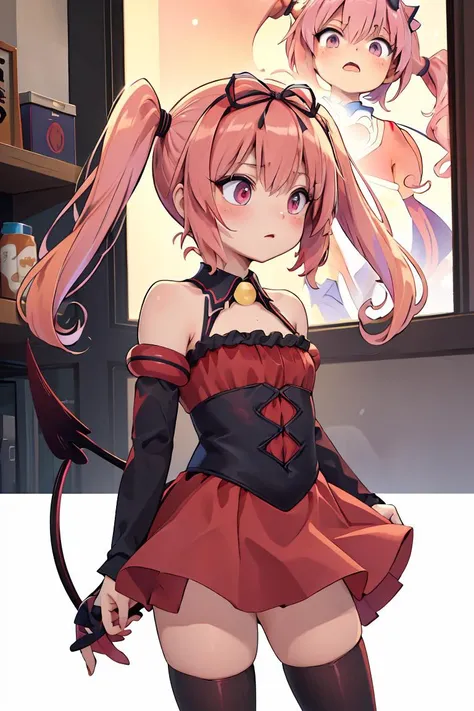 (masterpiece, best quality), 1girl, <lora:nana_asta_deviluke_v1:1> aanana, long hair, twintails, hair ribbon, demon tail, detached collar, bare shoulders, red dress, multicolored clothes, detached sleeves, striped thighhighs