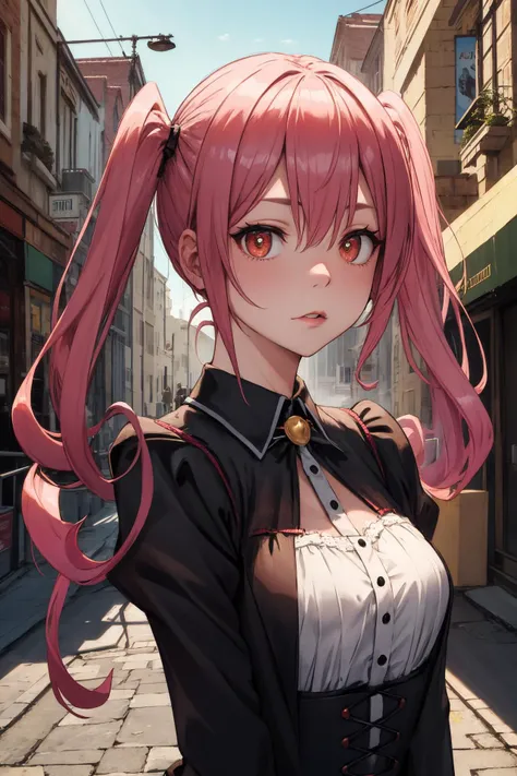 masterpiece, best quality, highres, aanana, long hair, twintails, <lora:nana_asta_deviluke_v1:0.7>, close portrait,
looking at viewer, outdoors, street, building, red eyes,parted lips, Gothic ouftit, platform gothic high heel