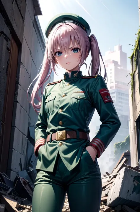 (masterpiece, best quality, detailed), 1girl, solo, aanana, long hair, twintails, looking at viewer,
military uniform, military, soldier, belt, green pants, metal, beret, green jacket, ruins, overgrown, rubble, pillar, outdoors, building, light rays, fog, hands in pockets, glaring, serious, shaded face