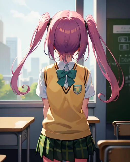 masterpiece, best quality, absurdres, aanana, long hair, twintails, purple eyes, pink hair, <lora:nana_asta_deviluke_v1:0.7>
,<lora:age_slider_v2:0.4>, <lora:breastsizeslideroffset:-0.15>
,school uniform, green bowtie, white shirt, sweater vest, short sleeves, plaid skirt, green skirt,
BREAK (arms behind back:1.2), School, classroom, school chair, school desk, (Deep Depth Of Field), (perfect anatomy), cowboy shot, Volumetric Lighting, looking at viewer,