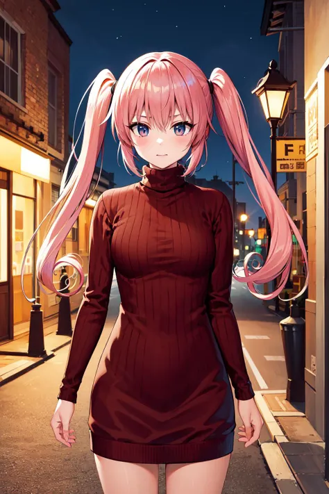 masterpiece, best quality, highres, aanana, long hair, twintails, <lora:nana_asta_deviluke_v1:0.7>, sweater dress, turtleneck, street, night, standing, cowboy shot