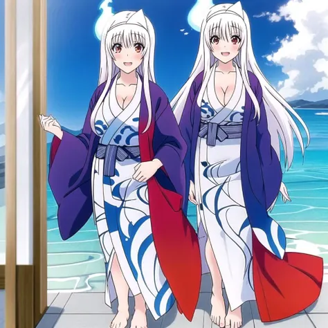 nsfw, (((feet, foot fetish))), 16:9 resolution, 4k resolution, high resolution, (((1girl, solo, looking at viewer))), masterpiece, high quality, high detailed, detailed eyes, high quality eyes, detailed face, high quality face, perfect body measurements, anime screencap, anime coloring, nice hands, perfect hands, good hands, ((cowboy shot:1.1), (mature woman:1.1), standing at the viewer), blue sky, sea, outdoors, (long kimono, kimono outfit, narrow waist, hot springs), smile, neckline ,large breasts, yunnallumina, long white hair, red eyes, <lora:yunnallumina:0.8>, yunnallumina, kimono outfit