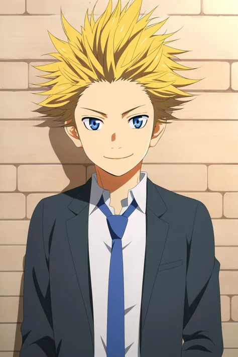 masterpiece, best quality, takeshi_aiza, 1boy, portrait, upper body, against wall, brick wall, blonde hair, spiked hair, blue eyes, light smile, black jacket, dress shirt, necktie,