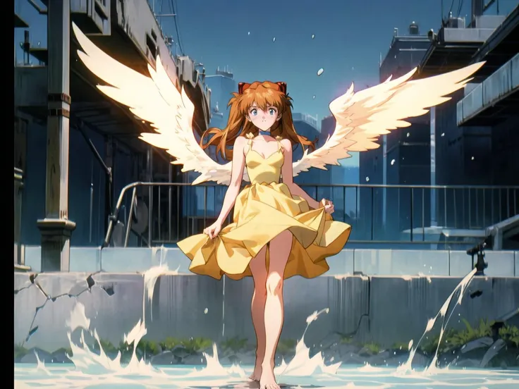 (masterpiece, best quality, detailed), 1girl, outdoors, rustic artistic cinematic lighting detailed with ambient particles, beautiful courtyard setting with water, black marble floor, sky background, solo, souryuu asuka langley, interface headset, blue choker, yellow dress, barefoot, <lora:AsukaLangleySouryuuV2-000015:1> <lora:more_details:0.5>, retro anime, 1990s anime, retro anime screenshot, breasts, angel, angel_wings, white border, anime screencap, <lora:evangelion_anime_style_offset:1>