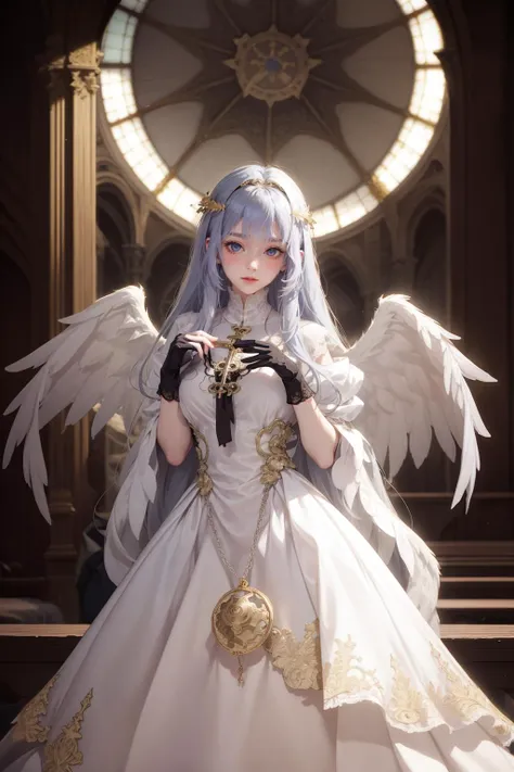 masterpiece,best_quality,indoor (cathedral style),1girl,solo,golden baroque style,intricate,complicated lace dress,long_dress,gloves,blush,silver blue_hair,perfect_face,soft light,medium shot,<lora:angel_wings_v10-09:0.8>,angel,angel_wings,