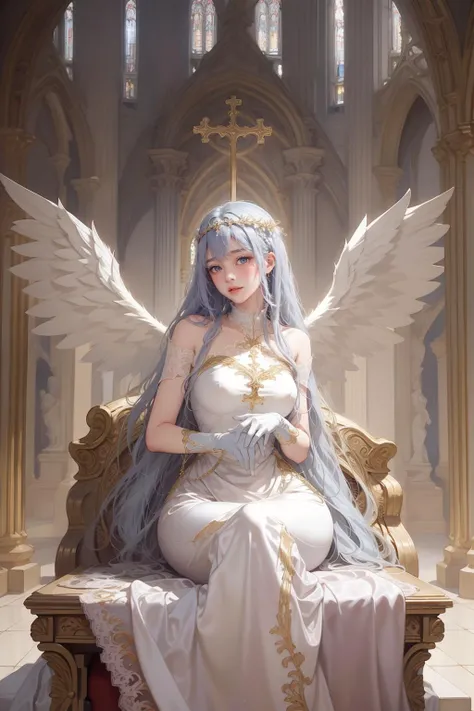 masterpiece,best_quality,indoor (cathedral style),1girl,solo,golden baroque style,intricate,complicated lace dress,long_dress,gloves,blush,silver blue_hair,perfect_face,soft light,medium shot,<lora:angel_wings_v10-09:0.8>,angel,angel_wings,
