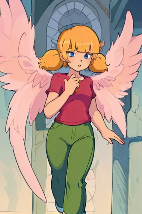 high quality, masterpiece,
<lora:Penny:0.85>, penny, blonde twintails, blue eyes, blunt bangs, twintails,
red shirt, green pants,
<lora:angel_wings_v10:1>, angel wings, pink wings,