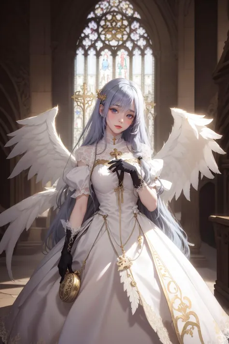 masterpiece,best_quality,indoor (cathedral style),1girl,solo,golden baroque style,intricate,complicated lace dress,long_dress,gloves,blush,silver blue_hair,perfect_face,soft light,medium shot,<lora:angel_wings_v10-09:0.8>,angel,angel_wings,