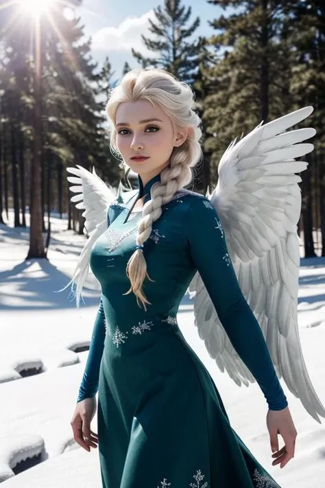 Photography, masterpiece, ultra realism, face, highly detailed face, highly detailed skin, realistic, solo, masterpiece, best quality. 1girl, angel_wings, sun, snowy forest, cloud, open_hands, young blond European woman. Full body, cowboy shot, RAW photo, depth of field, HOF, hall of fame, high quality, highres, subsurface scattering, sharp, amazing fine detail, Nikon D850 film stock photograph Kodak Portra 400 camera f1.6 lens, rich colors, lifelike texture, dynamic posture, unreal engine, trending on ArtStation, cinestill 800 tungsten. <lora:angel_wings_v10:0.6> angel_wings, angel. <lora:elsa_of_arendelle_v1:0.4> elsa of arendelle, elsa of arendelle, smile, black long sleeves, blue ice dress, single braid, snowflake_pattern