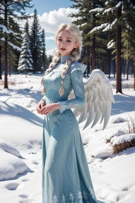 Photography, masterpiece, ultra realism, face, highly detailed face, highly detailed skin, realistic, solo, masterpiece, best quality. 1girl, angel_wings, sun, snowy forest, cloud, open_hands, young blond European woman. Full body, cowboy shot, RAW photo, depth of field, HOF, hall of fame, high quality, highres, subsurface scattering, sharp, amazing fine detail, Nikon D850 film stock photograph Kodak Portra 400 camera f1.6 lens, rich colors, lifelike texture, dynamic posture, unreal engine, trending on ArtStation, cinestill 800 tungsten. <lora:angel_wings_v10:0.8> angel_wings, angel. <lora:elsa_of_arendelle_v1:0.4> elsa of arendelle, elsa of arendelle, smile, black long sleeves, blue ice dress, single braid, snowflake_pattern
