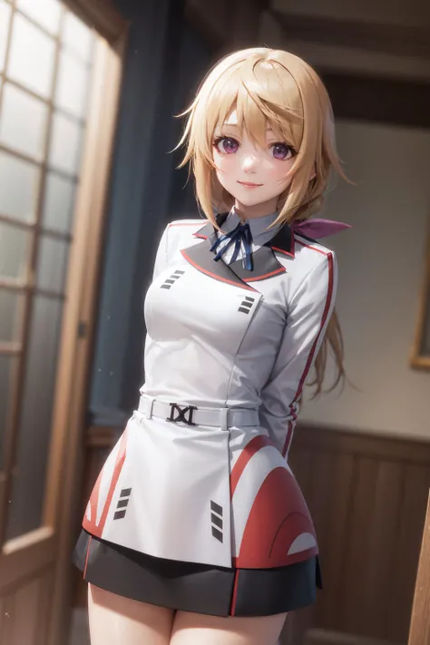 (masterpiece, best quality:1.2), <lora:infinitestratos_charlottedunois-14:1>, cowboy shot, solo, 1girl, charlotte dunois, smile, looking at viewer, arms behind back, ponytail, hair ribbon, uniform