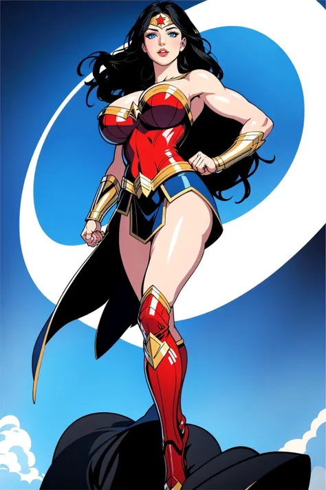 masterpiece,best quality,highres,realistic,1girl,full body,<lora:Wonder Woman:0.6>, long_hair, black_hair, star_\(symbol\), circlet,blue_eyes, superhero, ((Gigantic Breasts:1.2)), spread legs,