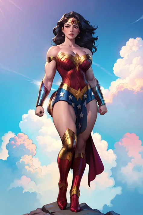 masterpiece, high quality,high absurdres, realistic, marvel cinematic universe, full body,standing, 
1girl, wonder woman,superhero, solo, blue sky, cloudy sky, 
beautiful face, looking at viewer, 
perky breasts, (plump:0.8), (large breasts:1.2),  curvy,  shiny skin, (biceps:0.9),strong arm, make a fistï¼
jewelry, stud, pelvic curtain, armlet, bare shoulders, cleavage,  
<lora:artgerm-v1.5-nai:0.6>, <lora:add_detail:0.1>, <lora:hipoly_3dcg_v7-epoch:0.3>,
<lora:Wonder Woman:0.7>, black hair, long hair, star_\(symbol\), circlet, blue_eyes, superhero