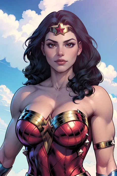 There is a poster of a wonder woman in costume, A Wonder Woman, (intricate detail, makeups), (detailed beautiful delicate face, fine beautiful delicate eyes, a face of perfect proportion), (Glossy skin: 1.0), fine detailed skin, strong and realistic blue eyes, middle length wavy black hair, lip, makeups, Natural skin texture, tiara, red and gold bustier, blue leotard with white stars, silver bracelets, (Red knee high boots:1.2), golden belt, (Wonder Woman clothing:1.0), bare shoulder, ((light tan skin: 1.4)), mature, Sexy, elastic muscles, (Muscular: 1.2), ((strong and healthy body)), ((((the more) Muscular))), Long leg, curved, (Big breasts: 1.3), cleavage, rib, thin-waist, soft waist, (fine detailed skin), (beautiful and sexy woman), (swollen lips: 0.9), (eyeslashes: 1.2), very delicate muscles, perfect body figure, perfect anatomy, perfect details, perfect fingers, perfect limbs,Corey Loftis (Cory Loftis) style of, Inspired by Vincent Lefevre, Style of Kyrill Kotashev, Pulp Style Poster, Yoji Shinkawa : : portrait of a, Works inspired by Lev Lvovich Kamenev, Poster Illustration, OFFICIAL PRINTING, Karl Kopinski(Karl Kopinski)Inspired by,((Magazines:1.3)), (((cover-style:1.5)))