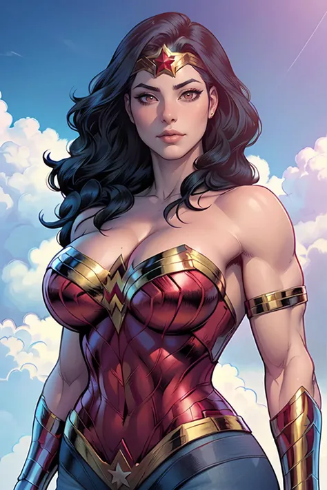masterpiece, high quality,high absurdres, realistic, marvel cinematic universe,upper body, cowboy shot,
1girl, wonder woman,superhero, solo, blue sky, cloudy sky,
beautiful face, looking at viewer,
perky breasts, (plump:0.8), (large breasts:1.2), curvy, shiny skin, (biceps:0.9),strong arm, (shiny skin, sweat:0.5),
jewelry, stud, pelvic curtain, armlet, bare shoulders, cleavage,
<lora:artgerm-v1.5-nai-resize:0.6>, <lora:add_detail:0.1>, <lora:hipoly_3dcg_v7-epoch-000012:0.3>,
<lora:Wonder Woman:0.7>, black hair, long hair, star_\(symbol\), circlet, blue_eyes, superhero