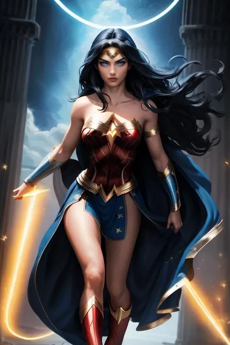 masterpiece,best quality,highres,realistic,1girl,full body,<lora:Wonder Woman:0.6>, long_hair,black_hair,star_\(symbol\),circlet,blue_eyes,superhero,