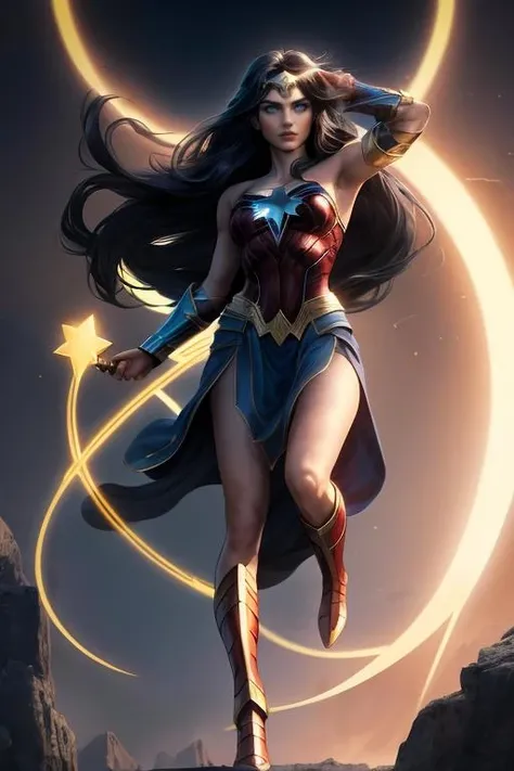 masterpiece,best quality,highres,realistic,1girl,full body,<lora:Wonder Woman:0.6>,long_hair,black_hair,star_\(symbol\),circlet,blue_eyes,superhero,standing on one leg,