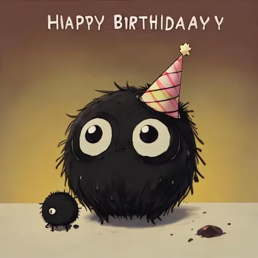 a highly detailed sootSprite wearing a birthday hat. Soot sprite creature birthday party <lora:sootSprite_g:0.8> Ghibli style, soot