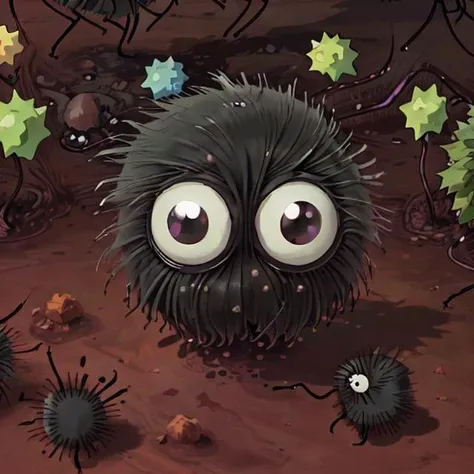 A low angle, close up shot of sootSprite dancing around a (sprouting plant:1.2). Sunshine, life, garden, <lora:sootSprite:0.75>