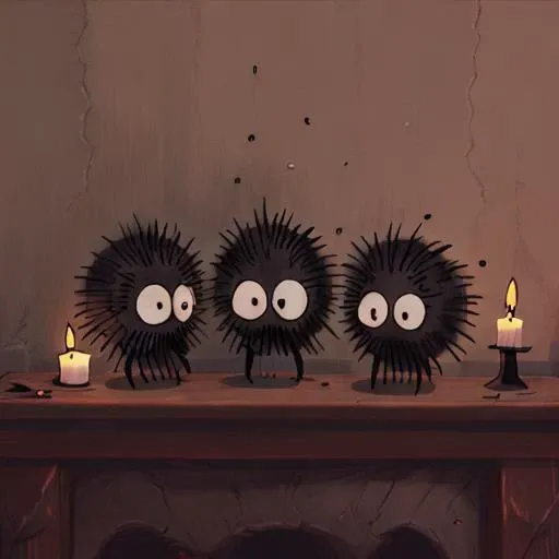 several highly detailed sootSprite dancing around a candle. Soot sprite creature birthday party. Ghibli style, soot <lora:sootSprite_h:0.75>