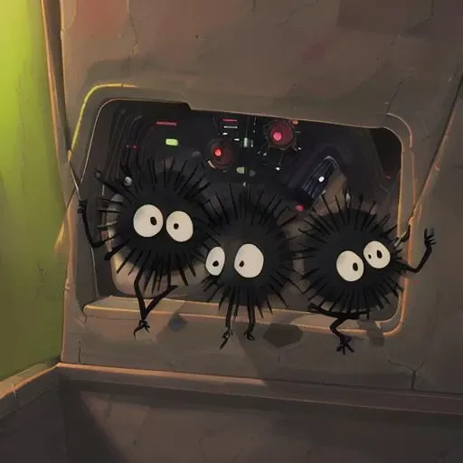 cartoon sootSprites in the corners of the inside of a spaceship. <lora:sootSprite:0.75>