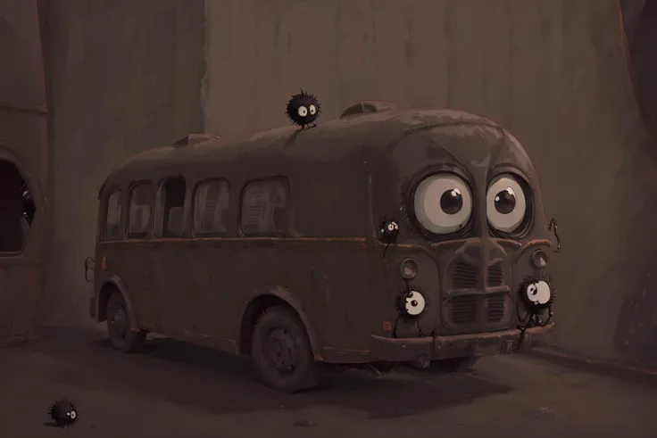 a sootSprite in front of an old school bus, Ghibli style <lora:sootSprite_h:0.8>