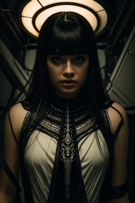a close-up woman in masterpiece, perfect ligthing, bloom, cinematic lighting, horror art, dread, creepy, 8K,H.R. Giger, Tsutomu Nihei, (intricate details, hyperdetailed_1.15) <lora:Diana_Ankudinova_512x768:0.8>