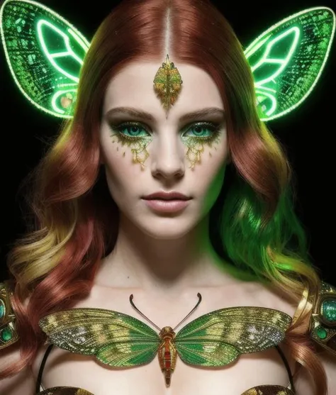 8k portrait of beautiful cyborg with white red gradient hair, intricate, elegant, highly detailed, majestic, golden, surreal painting green lights butterfly filigree, broken glass, (masterpiece, sidelighting, finely detailed beautiful eyes: 1.2), hdr,<lora:lora_RealisticFined:1>