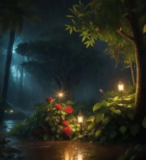 A jungle, with intense rainfall, monochromatic, vines all around, giant and wet trees, masterpiece, best quality, high quality, extremely detailed CG unity 8k wallpaper, oil paiting, award winning photography, Bokeh, Depth of Field, HDR, bloom, flowers roses , many diamond crystal, on the beach, fantasy, sky night , moon, smoke , photo, HD, 8K , realistic, HD, intricate, 8k, highly detailed,fun, sharp focus, <lora:Evera:1.9>