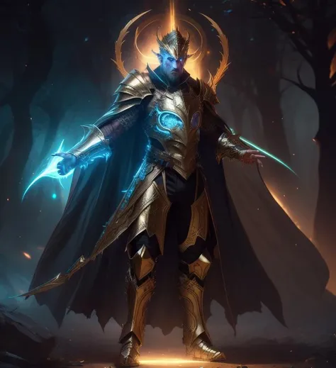 arafed image of a man dressed in a costume with a glowing halo, hyperdetailed fantasy character, fantasy character octane render, clothed in ethereal armor, 3 d render of a shaman, complex fantasy character, fantasy style 8 k octane render, flowing magical robe, (octane render) fantasy style, ghostly necromancer, 3 d render character art 8 k<lora:Evera:1.9>