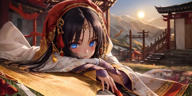 [sketch:0.6] as109 [fkey::0.5], cinematic lighting, dramatic angle, depth of field, bloom, best quality, illustration,highly detailed, beautiful detailed eyes, 1girl, (presenting:1), ((mongol)|turkish) , blue sky, silk [persian|mesopotamian|harem|arabic] veil|hood mask, (chinese) city, shadows, grass, [halo:(sun):0.2], yurts, black hair, tanned, wide sleeves, flowing, [circlelet|headdress], hanfu<hypernet:asanuggy3:1>