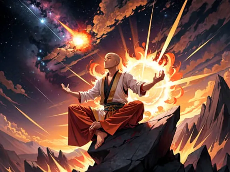 A Shaolin Monk meditates at the base of a mountain, the sky a blood-red hue. Suddenly, a meteor falls from the heavens and crashes into the earth, exploding in a brilliant flash of light. The monk remains undisturbed, his gaze fixed on the horizon. Even in the face of such a powerful force of nature, he remains focused and still.