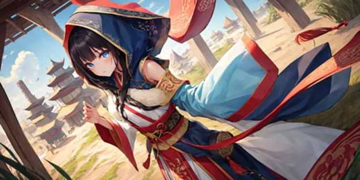 [sketch:0.6] as109 [fkey::0.5], cinematic lighting, dramatic angle, depth of field, bloom, best quality, illustration,highly detailed, beautiful detailed eyes, 1girl, (presenting:1), ((mongol)|turkish) , blue sky, silk [persian|mesopotamian|harem|arabic] veil|hood, (chinese) city, shadows, grass, [halo:(sun):0.2], yurts, black hair, tanned, wide sleeves, flowing, [circlelet|headdress], hanfu