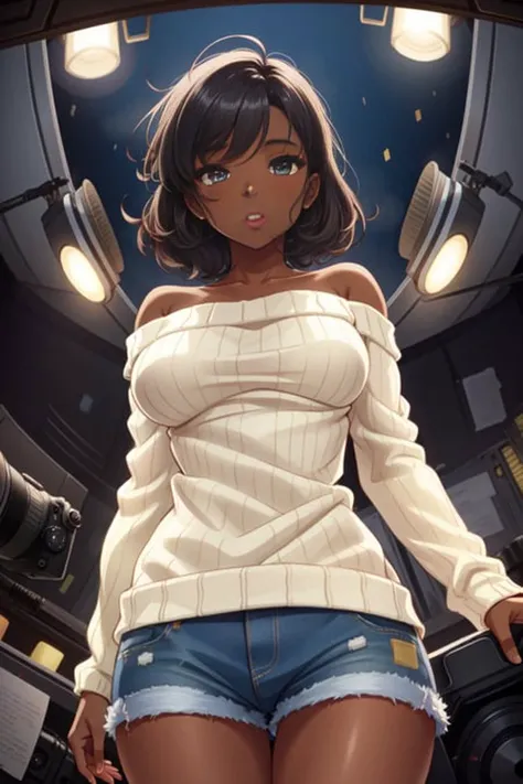 (nude), big boobs,(masterpiece), best quality, extremely detailed, (watercolor), bloom, delicate and beautiful, illustration, (from below),(1girl:1.4), (solo:1.2), large breasts, (ribbed sweater:1.3), off-shoulder sweater, (short shorts:1.2), bare shoulders, ((dark skin:1.4)), beautiful eyes, underboob, (disheveled hair ), photography, over-the-shoulder shot, by Alex Maleev, professional, canon camera, nikon camera, sharp, bokeh, studio quality, fisheye lens, by Robert Capa