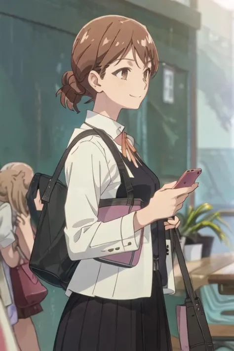 best quality, masterpiece, highres, solo, {hagozaki_riko_yagatekimininaru:1.15}, brown_hair, brown_eyes, short_hair, smile, 1girl, cellphone, holding, phone, shirt, bangs, closed_mouth, holding_phone, upper_body, raglan_sleeves, smartphone