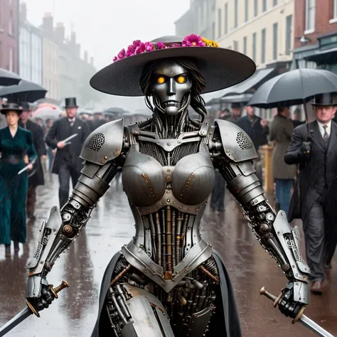 1girl attacking 1boy, (action, action shot, dynamic angle, full body, dynamic pose:1.3), <lora:Belle_Epoque_Dresses_1880-1914_XL:0.7> 1905_dr3ss, terminator woman with face made of metal, metal seams, rivets, focus on joints and connections, metallic, steel, gears, bushings, joints, sexy body shape, wearing feminine velvet and silk dress, (wide antenna dish hat with flowers:1.3), metal skin, (executing terrified male victim:1.3) in crowded Victorian street, bloodbath, (large breasts:1.3), slim waist, slim hips, sword, holding sword<lora:Roboticizer:1> Roboticizer, terrified onlookers in background, rainy overcast day, crowds, (steampunk:0.4), motion blur, slow shutter