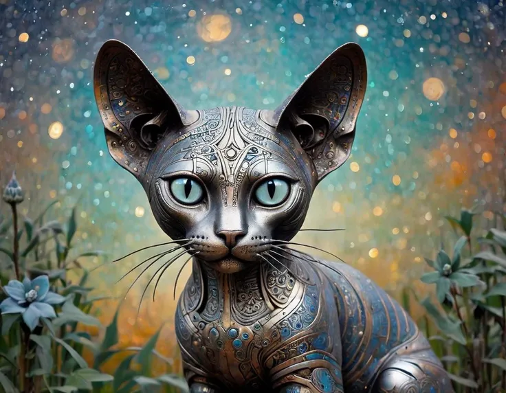 Sphynx Cat, Magical, wearing made of metal, Celestial and Apocalyptic, Zany Botanical Garden background, Thunderstorm, Bokeh, Simple and clean, Art Brut, Flickr, <lora:Roboticizer:1.0>